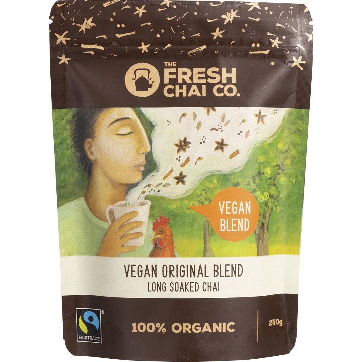 250g bag of The Fresh Chai Co. Vegan Original Blend Long Soaked Chai with organic agave and black tea.