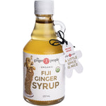 A 237ml glass bottle of The Ginger People Organic Fiji Ginger Syrup with a yellow label on a white background.