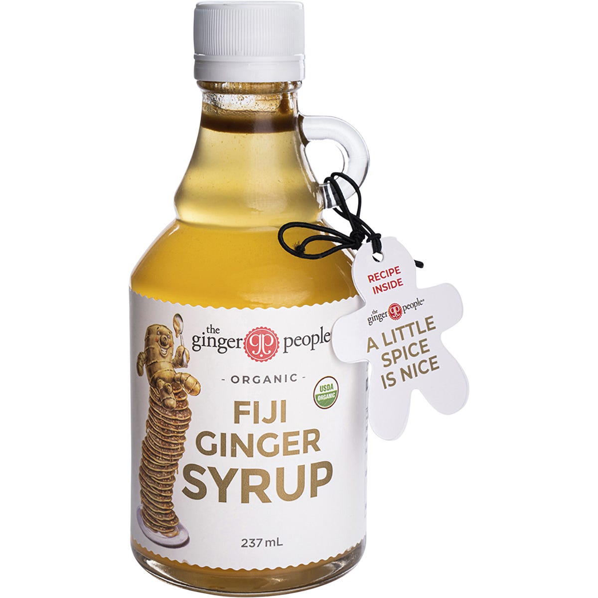 A 237ml glass bottle of The Ginger People Organic Fiji Ginger Syrup with a yellow label on a white background.