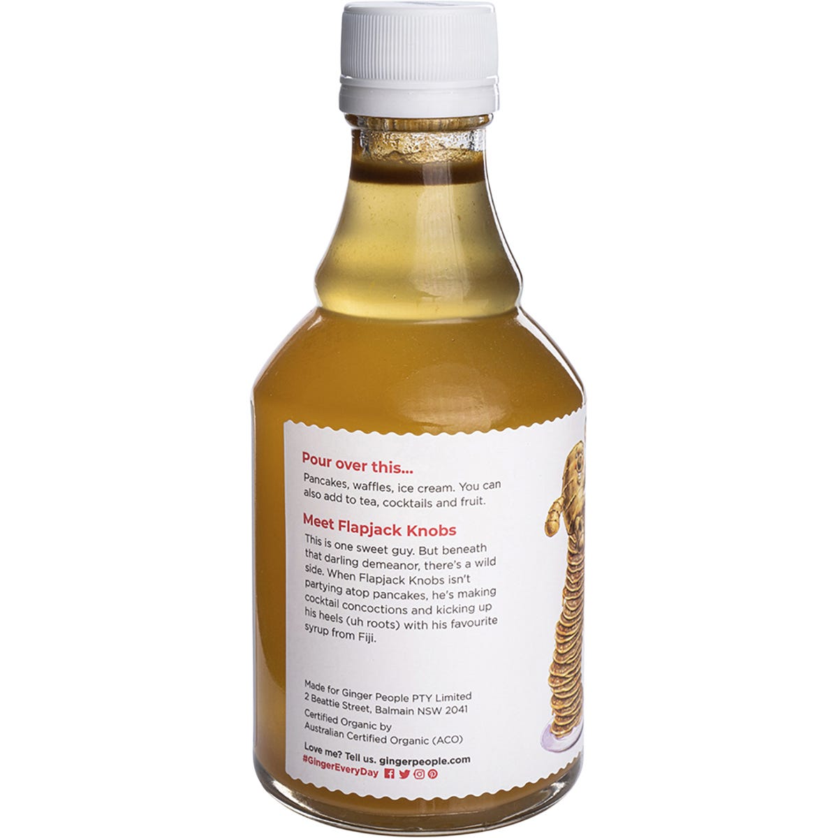 Side view of The Ginger People Organic Fiji Ginger Syrup bottle highlighting product features and the USDA Organic logo.