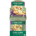 Back of a yellow Gin Gins Original Chewy Ginger Candy bag showing nutritional facts and an ingredients list.