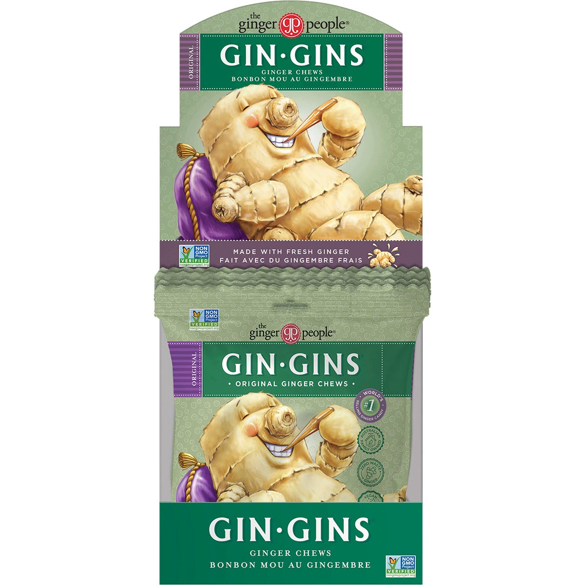Back of a yellow Gin Gins Original Chewy Ginger Candy bag showing nutritional facts and an ingredients list.