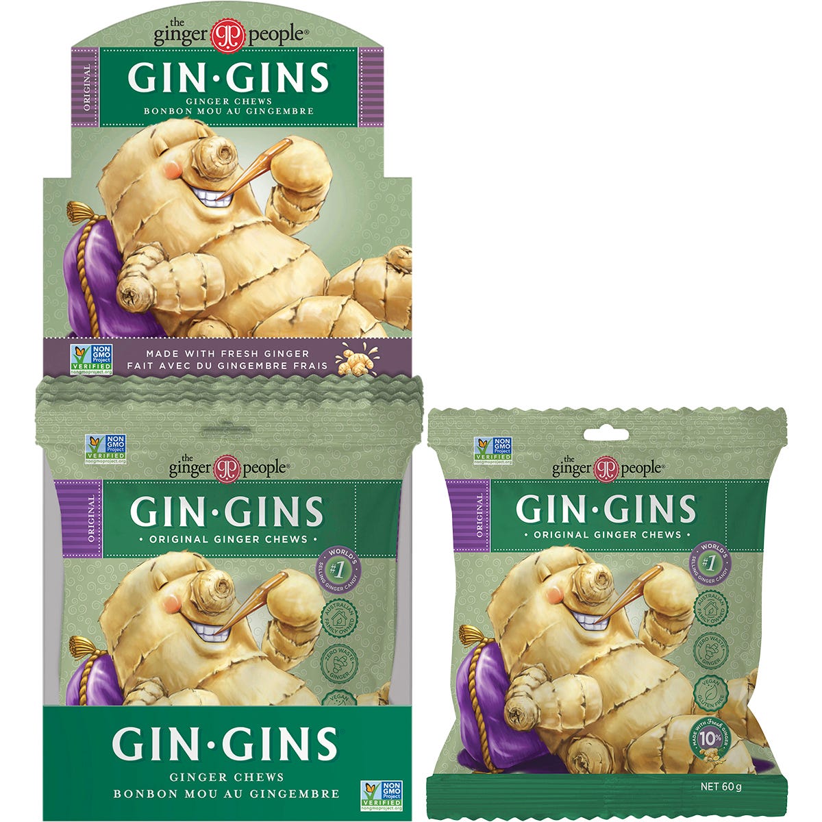 60g bag of The Ginger People Gin Gins Original Chewy Ginger Candy in a yellow and red package on a white background.