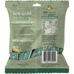 Side view of a yellow Gin Gins Original Chewy Ginger Candy bag showing nutritional facts and ingredients.