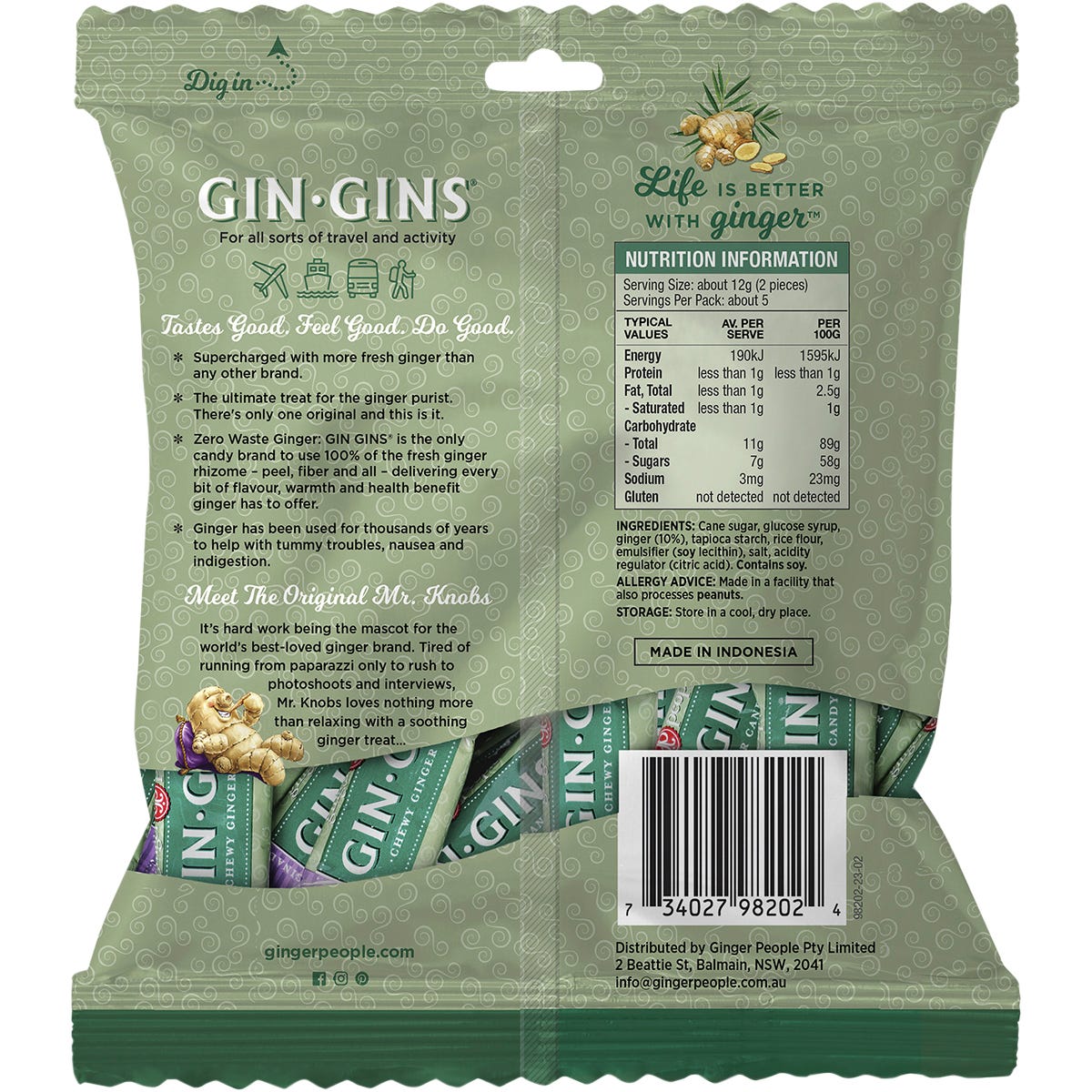 Side view of a yellow Gin Gins Original Chewy Ginger Candy bag showing nutritional facts and ingredients.