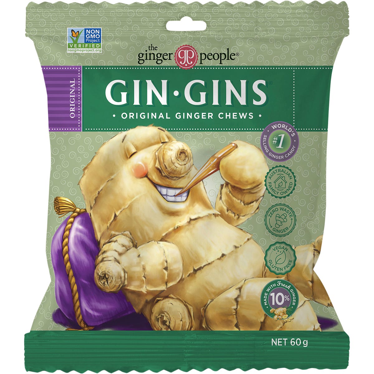 The Ginger People Gin Gins Ginger Candy Bag Chewy Original 60g (Pack of 12) Payless 4 Organics