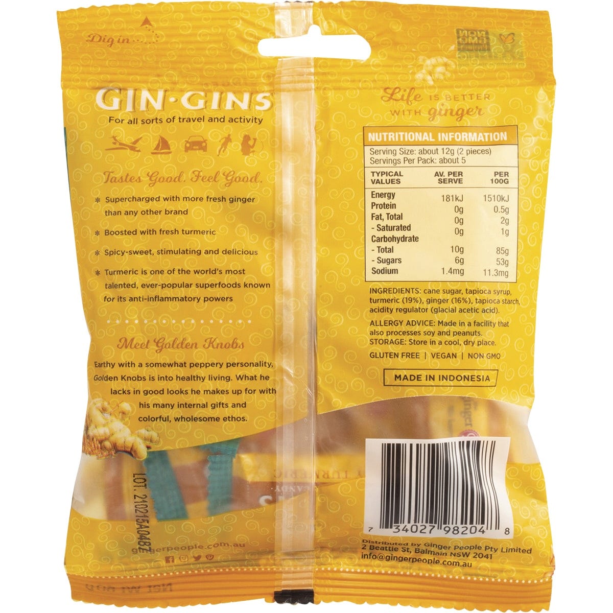 Yellow 60g bag of Gin Gins Spicy Turmeric Ginger Candy with a cartoon ginger man and turmeric root illustrations.