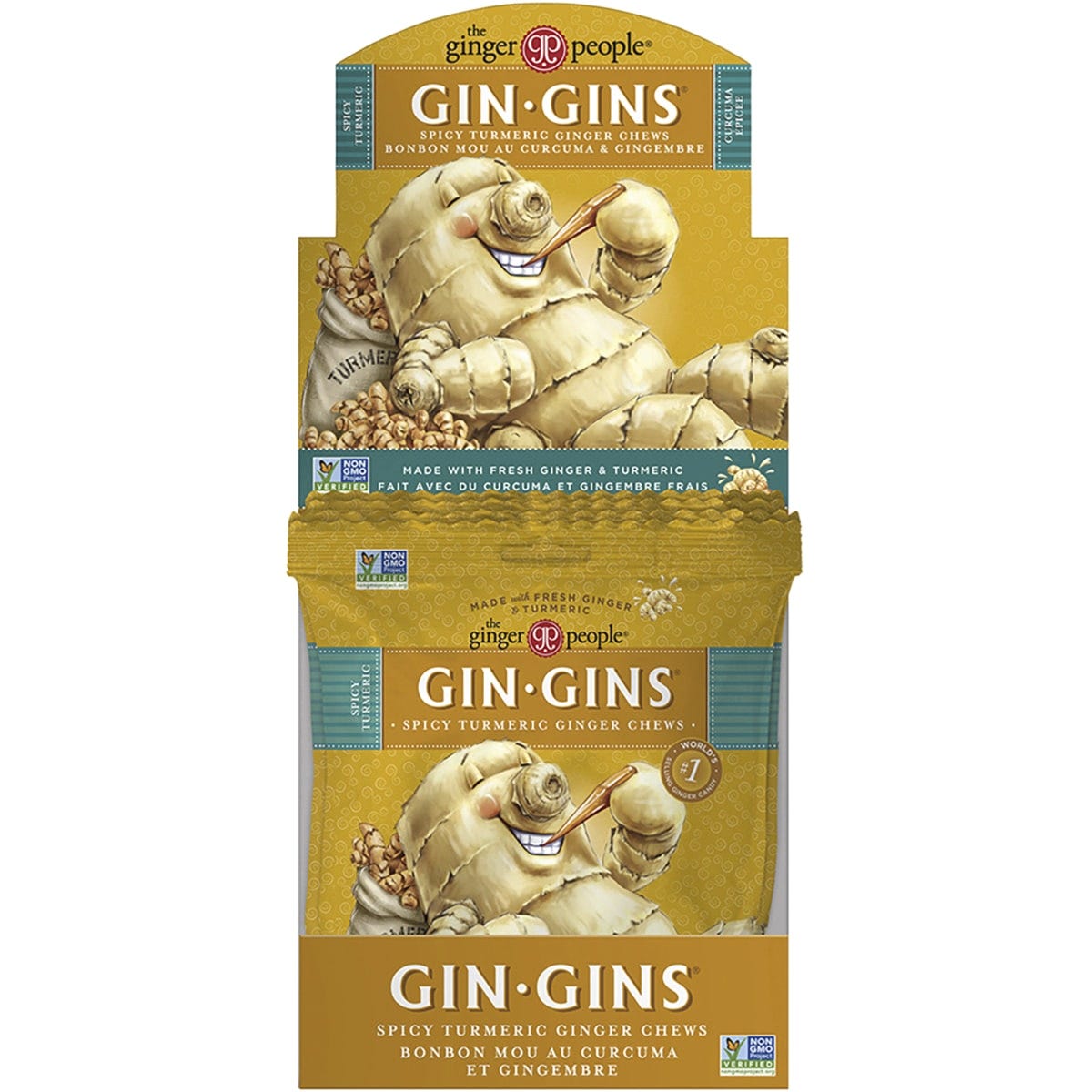 Yellow 60g bag of Gin Gins Spicy Turmeric Ginger Candy featuring a cartoon ginger man and turmeric root illustrations.