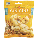 Yellow 60g bag of Gin Gins Chewy Spicy Turmeric Ginger Candy with a cartoon ginger man and turmeric root illustrations.