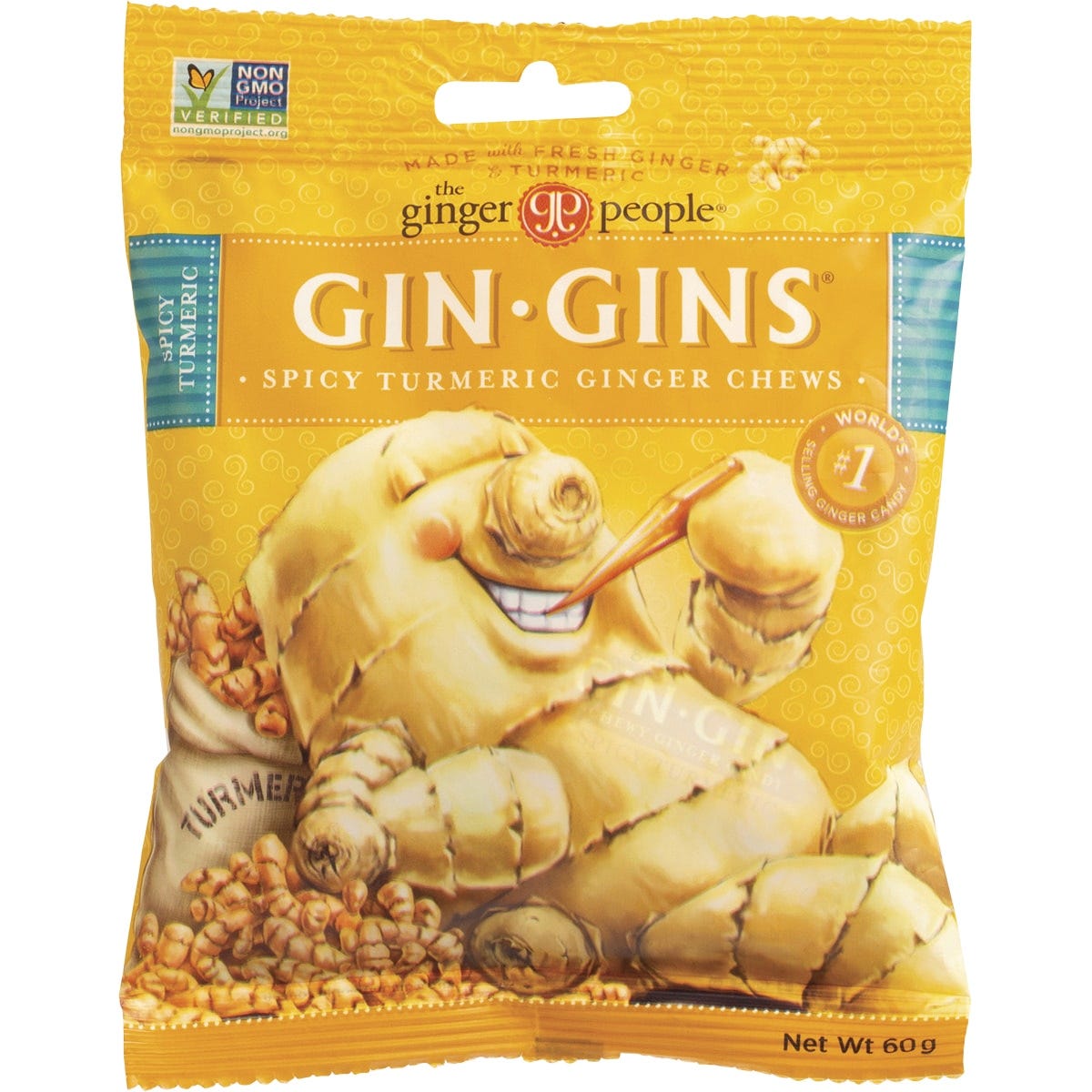 Yellow 60g bag of Gin Gins Chewy Spicy Turmeric Ginger Candy with a cartoon ginger man and turmeric root illustrations.