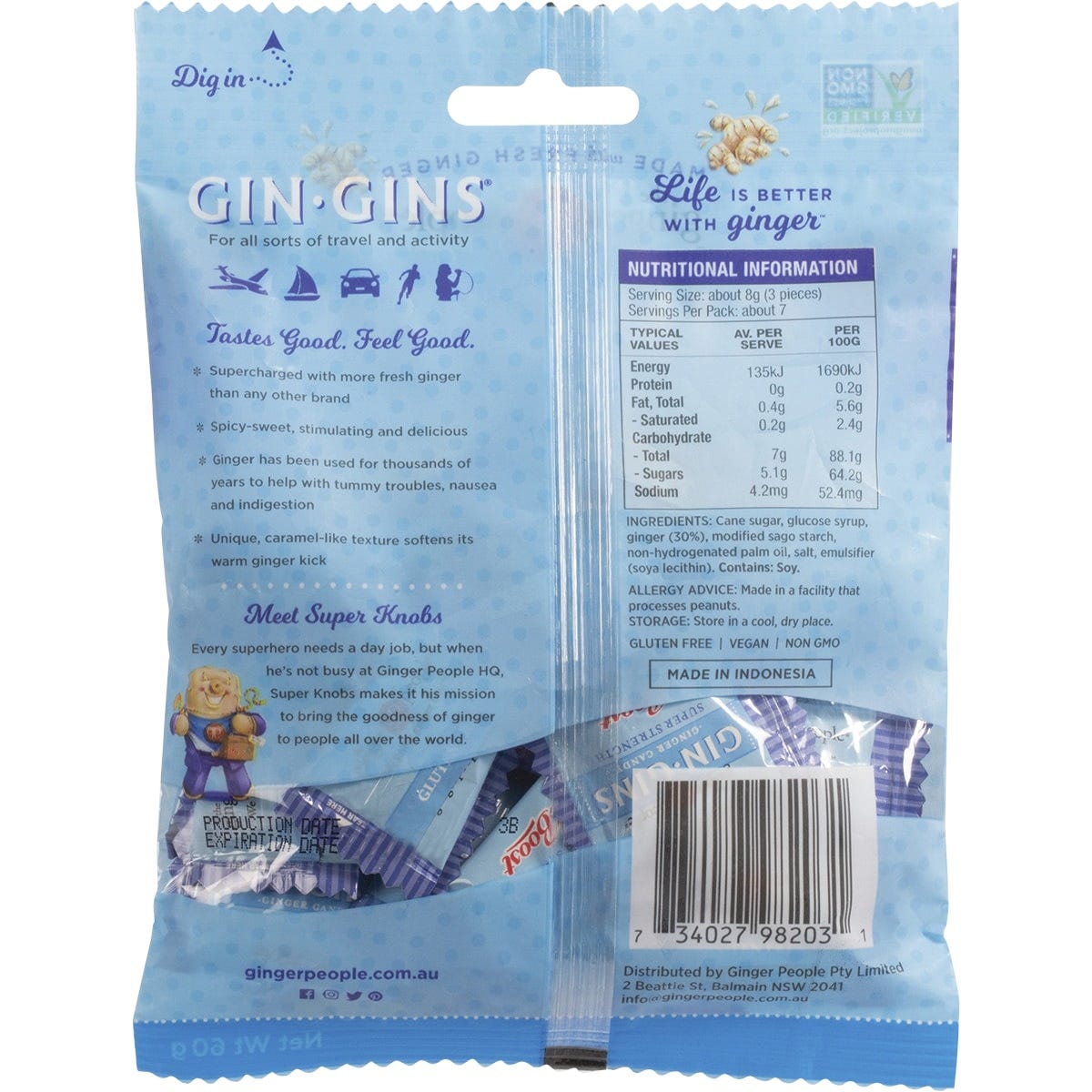 Back of a 60g bag of Gin Gins Super Strength ginger candy with nutrition facts and ingredient list.