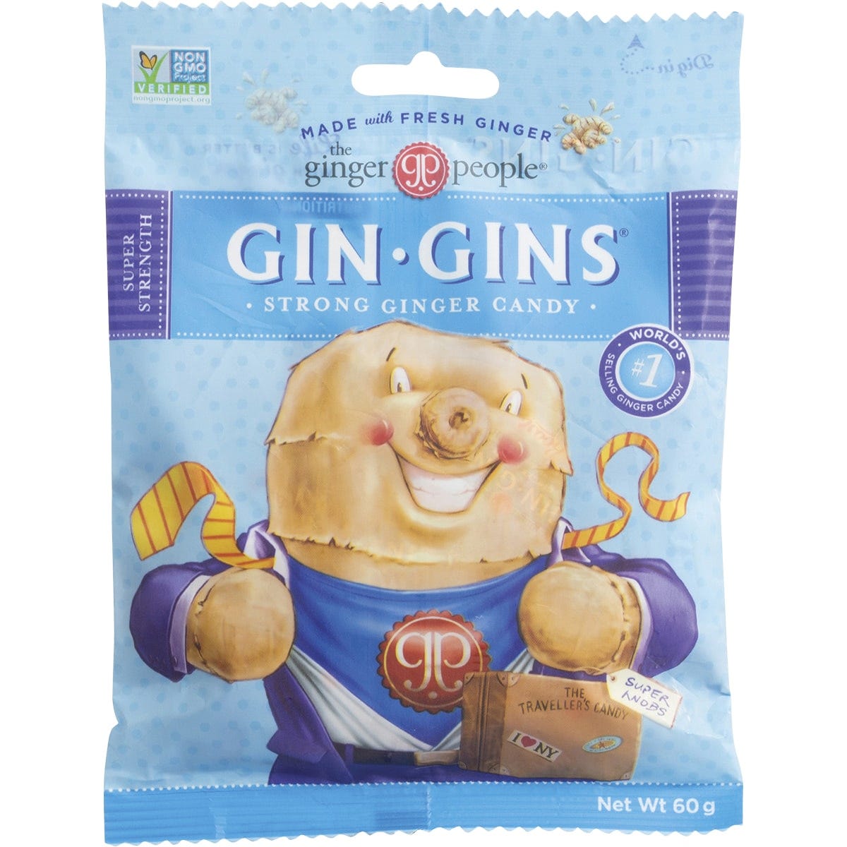 Super strength Gin Gins ginger candy bag and individual yellow wrapped candies on a white background.