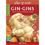 84g bag of Gin Gins Spicy Apple Ginger Candy Chews featuring a red apple and fresh ginger on a white background.
