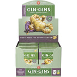 Side view of a Gin Gins Original Chewy Ginger Candy 42g box showing product features and natural ginger benefits.