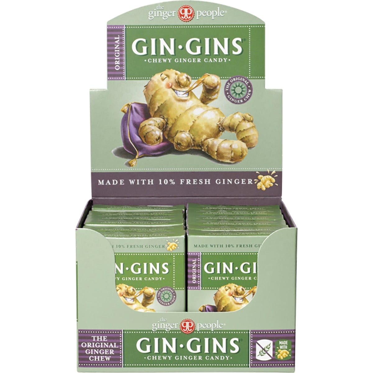 Side view of a Gin Gins Original Chewy Ginger Candy 42g box showing product features and natural ginger benefits.