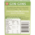 Back of a 42g Gin Gins Original Chewy Ginger Candy pack with nutrition facts, ingredients, and a "hug in a mug" tip.