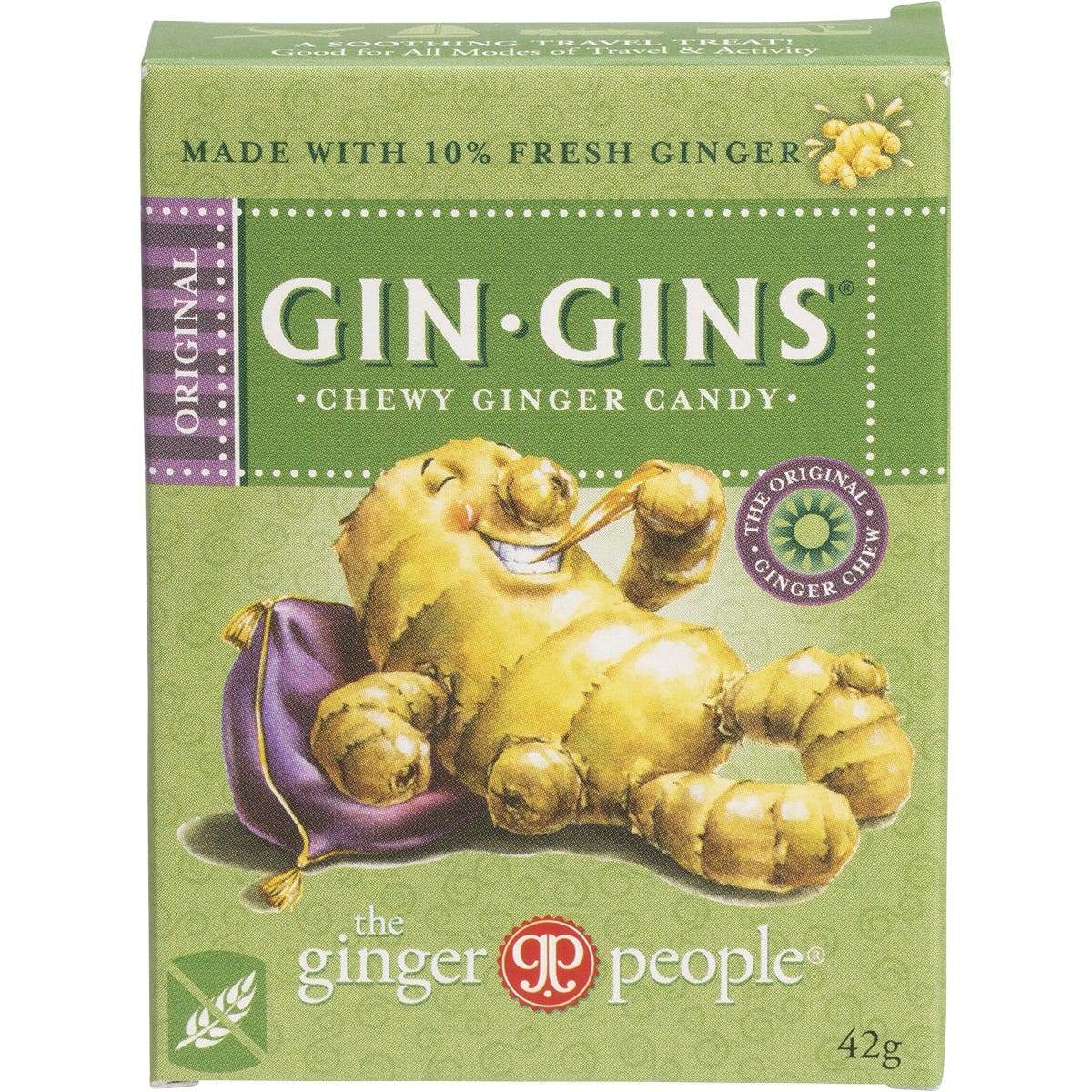 Box of 12 The Ginger People Gin Gins Original Chewy Ginger Candy 42g packs with a yellow and red design.
