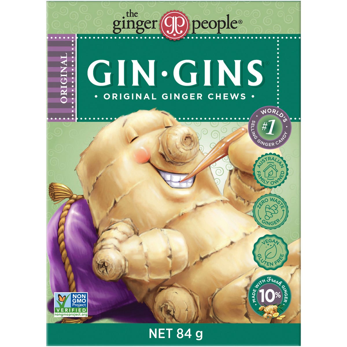 Pack of 12 boxes of The Ginger People Gin Gins Original Chewy Ginger Candy, 84g each, on a white background.