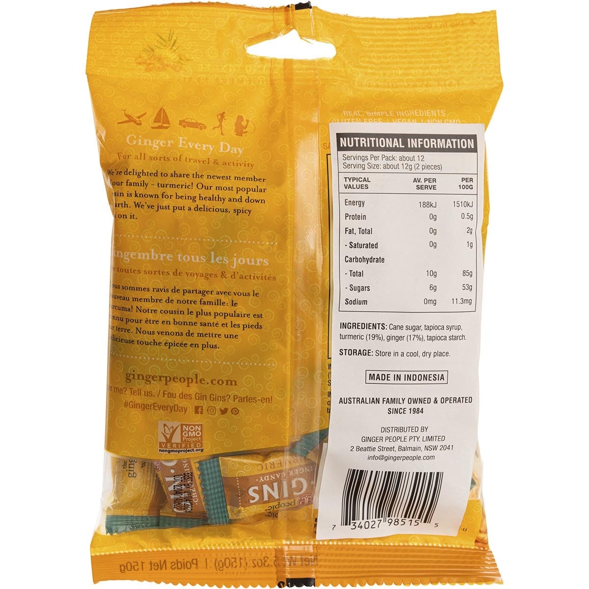 Bag of Gin Gins Chewy Spicy Turmeric ginger candy on a white background.