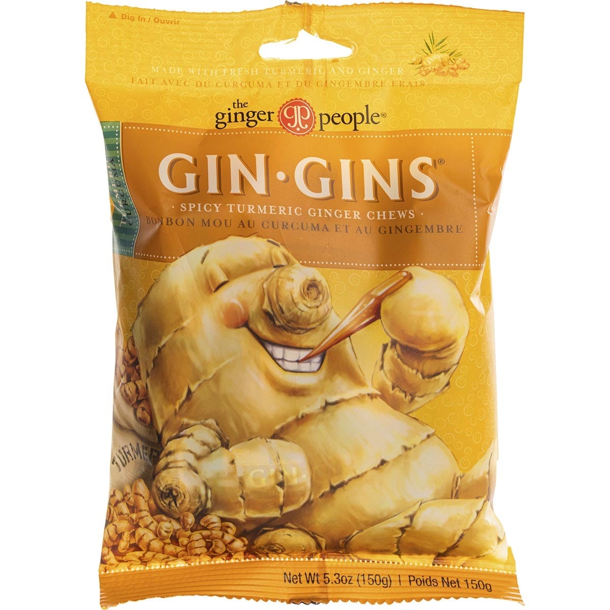 150g bag of The Ginger People Gin Gins Chewy Spicy Turmeric ginger candy on a white background.