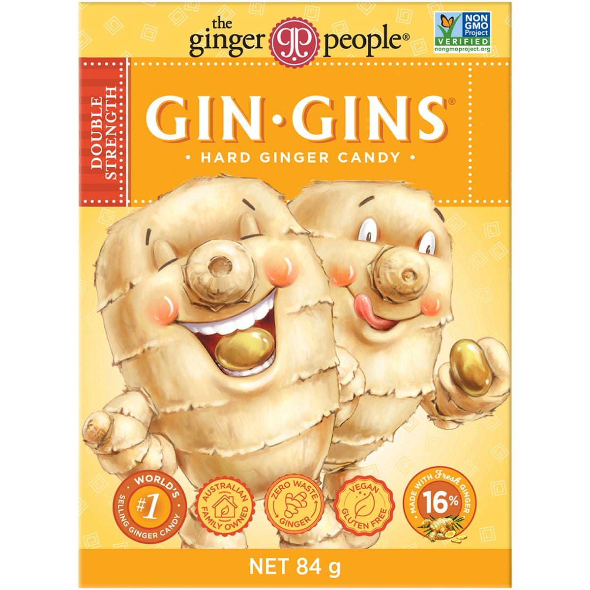 Pack of 12 The Ginger People Gin Gins Double Strength Hard Ginger Candy 84g bags featuring a spicy, throat-soothing formula.