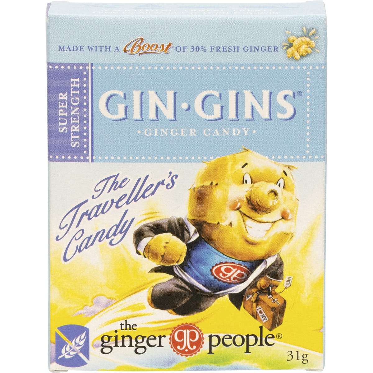 A 31g box of The Ginger People Gin Gins Super Strength ginger candy, featuring a bold yellow and red design.