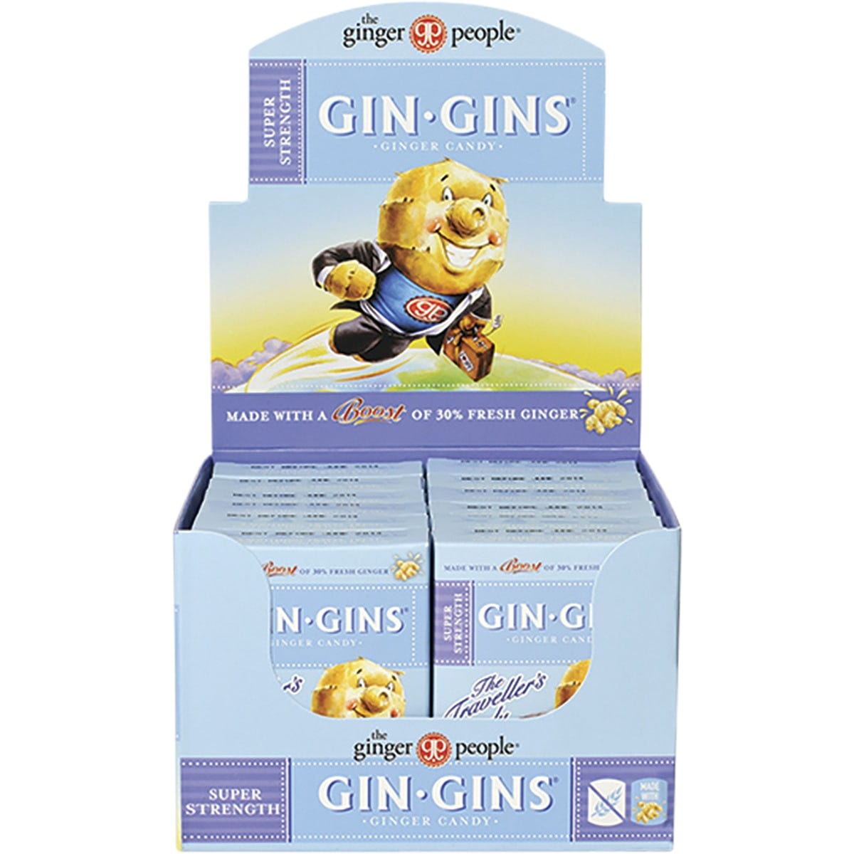 Close-up of an individually wrapped Gin Gins Super Strength ginger candy showing its golden-brown, chewy texture.