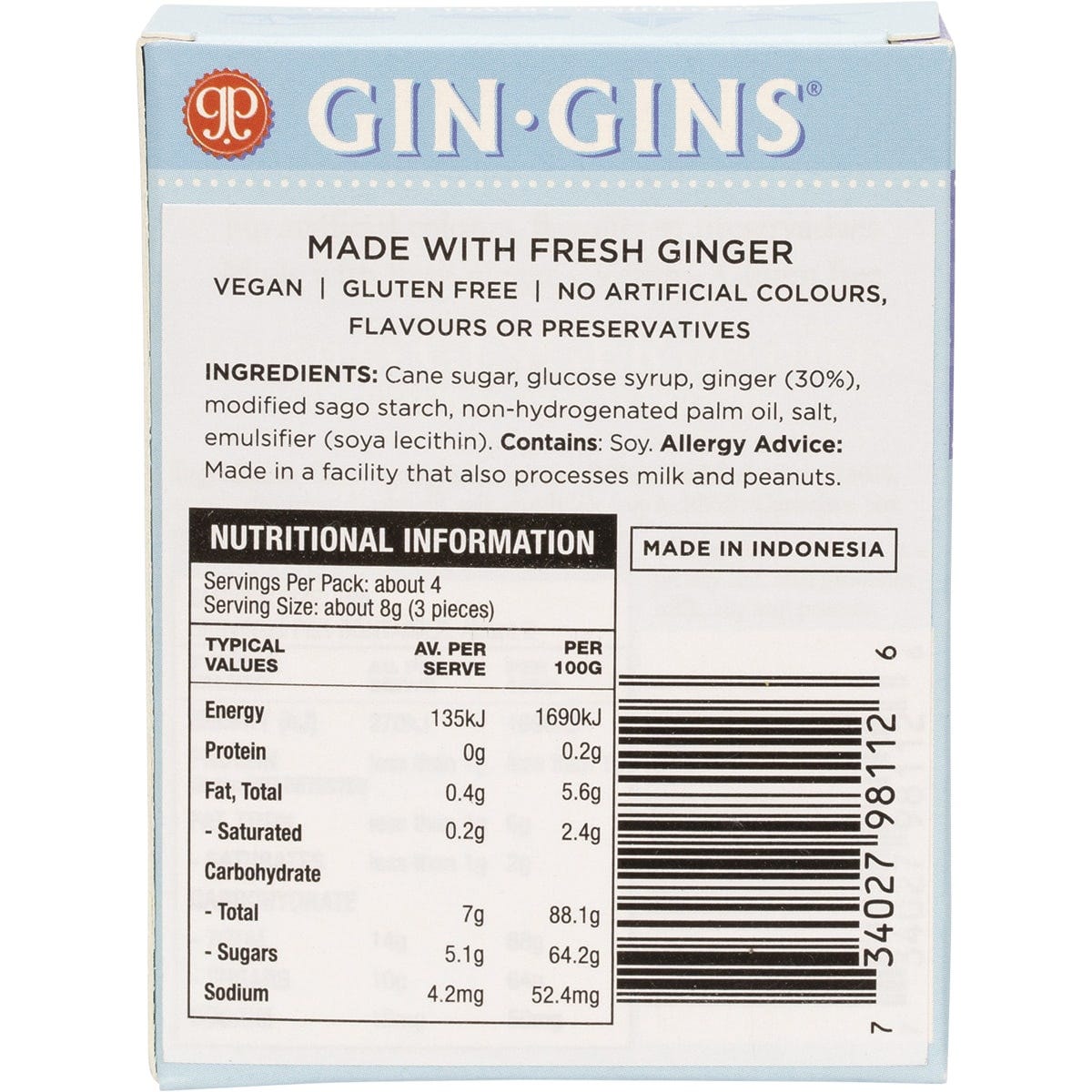 Yellow 31g box of Gin Gins Super Strength ginger candy, showing nutritional information on the side panel.