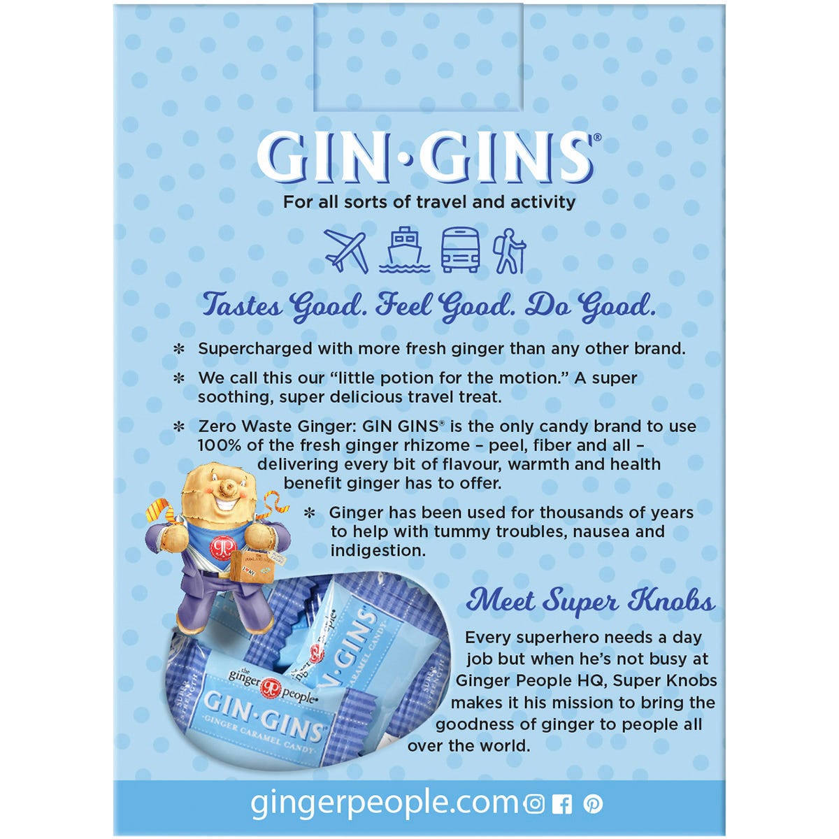 Individual 84g bag of The Ginger People Gin Gins Super Strength Ginger Candy on a white background.