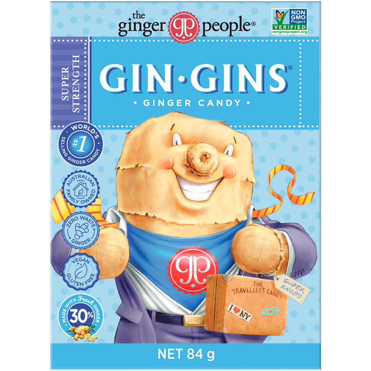Pack of 12 Gin Gins Super Strength Ginger Candy 84g bags featuring 30% fresh ginger for natural nausea relief.