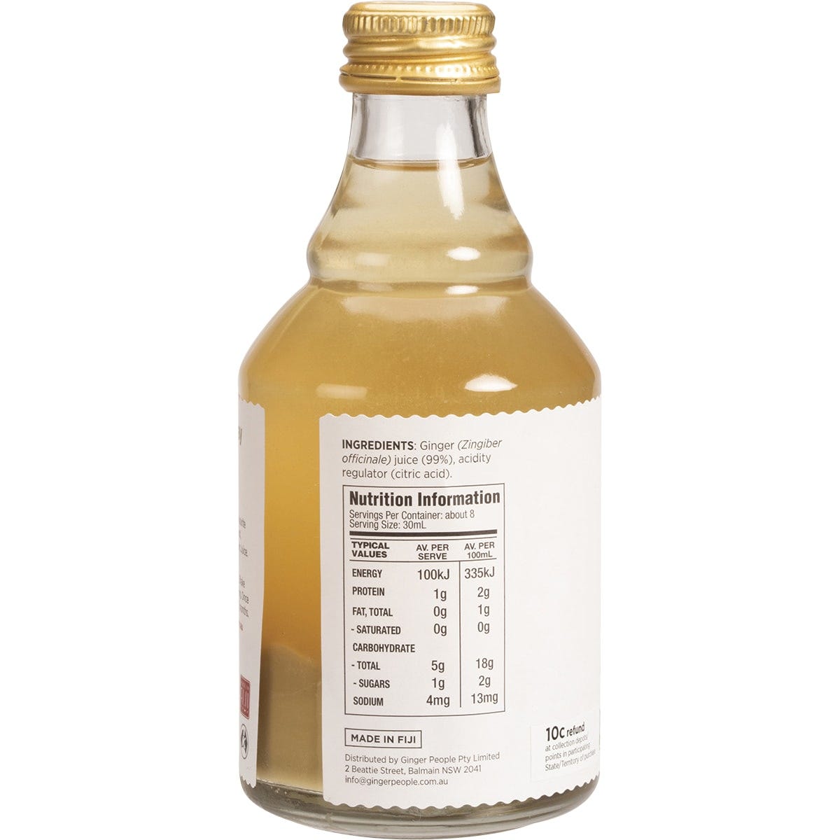 Back of 237ml Ginger People Ginger Juice bottle showing nutrition facts, ingredients, and storage instructions.
