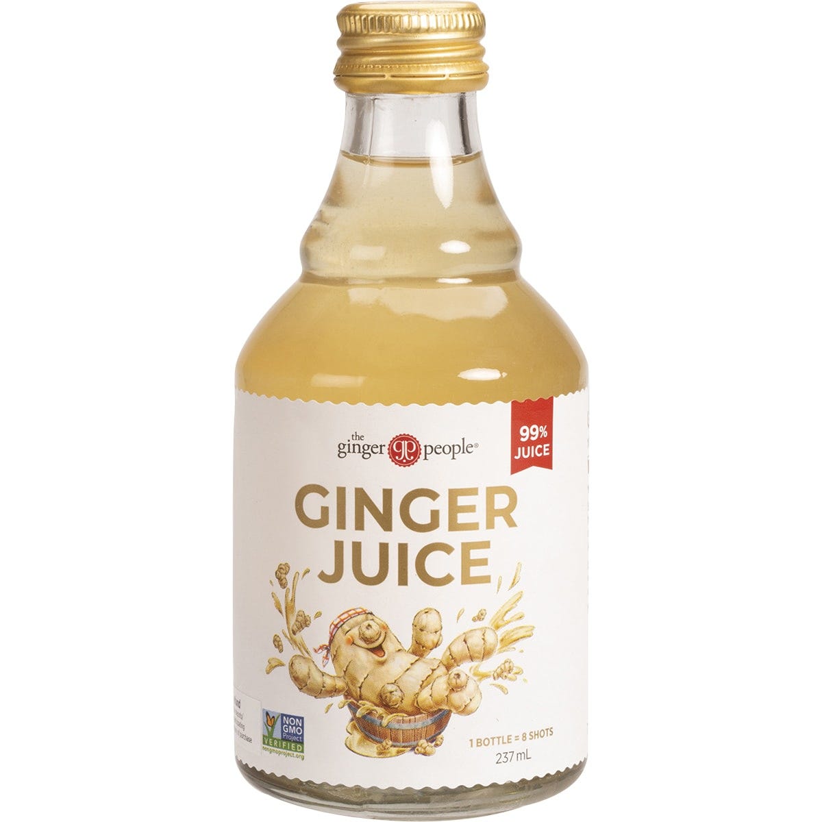 237ml glass bottle of The Ginger People 99% Ginger Juice on a white background.