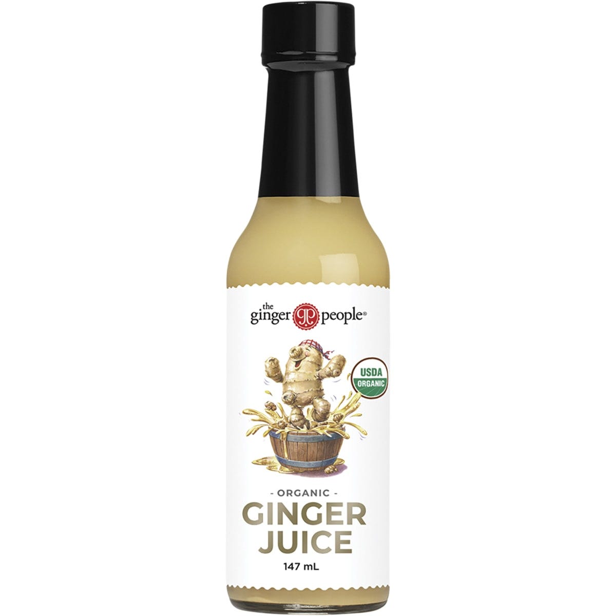 147ml bottle of The Ginger People Organic Ginger Juice with a yellow label and green cap on a white background.