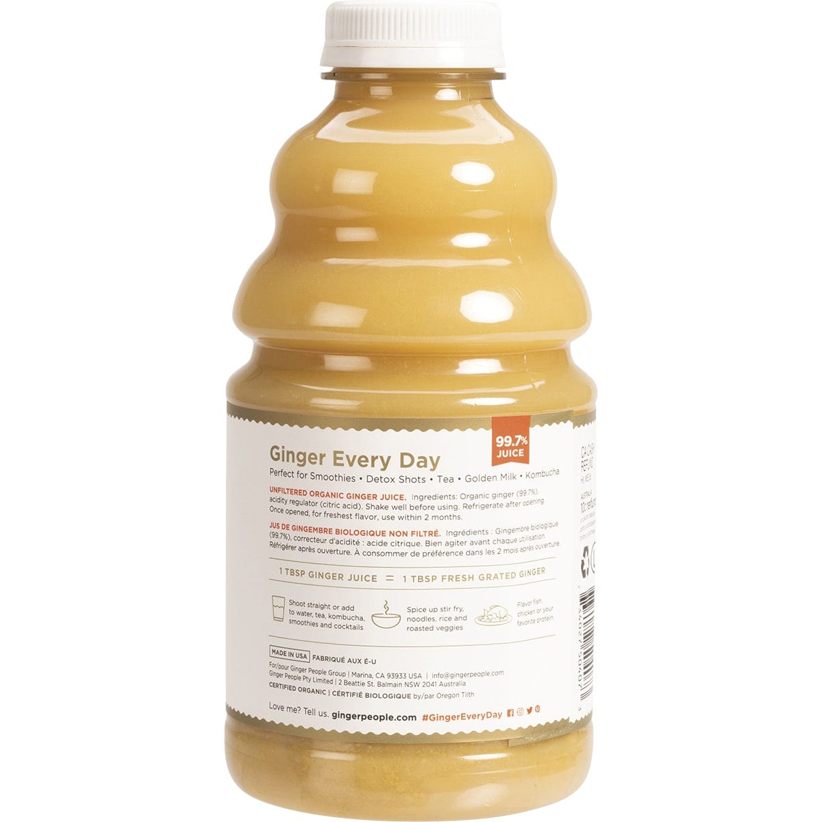 Side view of a 946ml bottle of The Ginger People Organic Ginger Juice showing product benefits and organic certification.