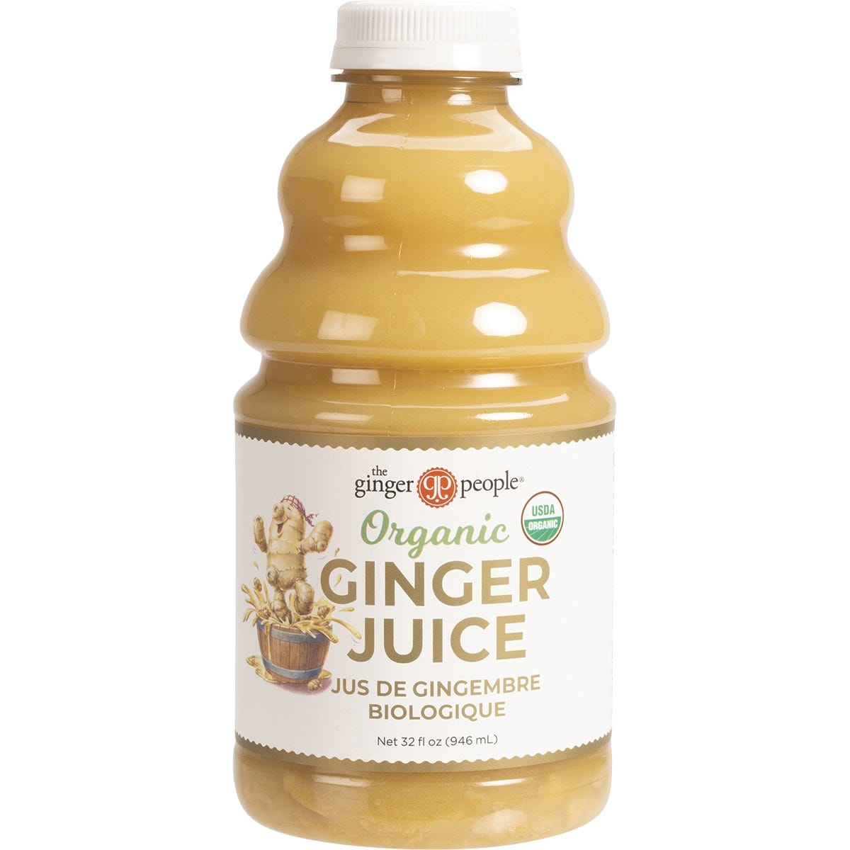 946ml bottle of The Ginger People Organic Ginger Juice with a yellow label and fresh ginger root illustration.