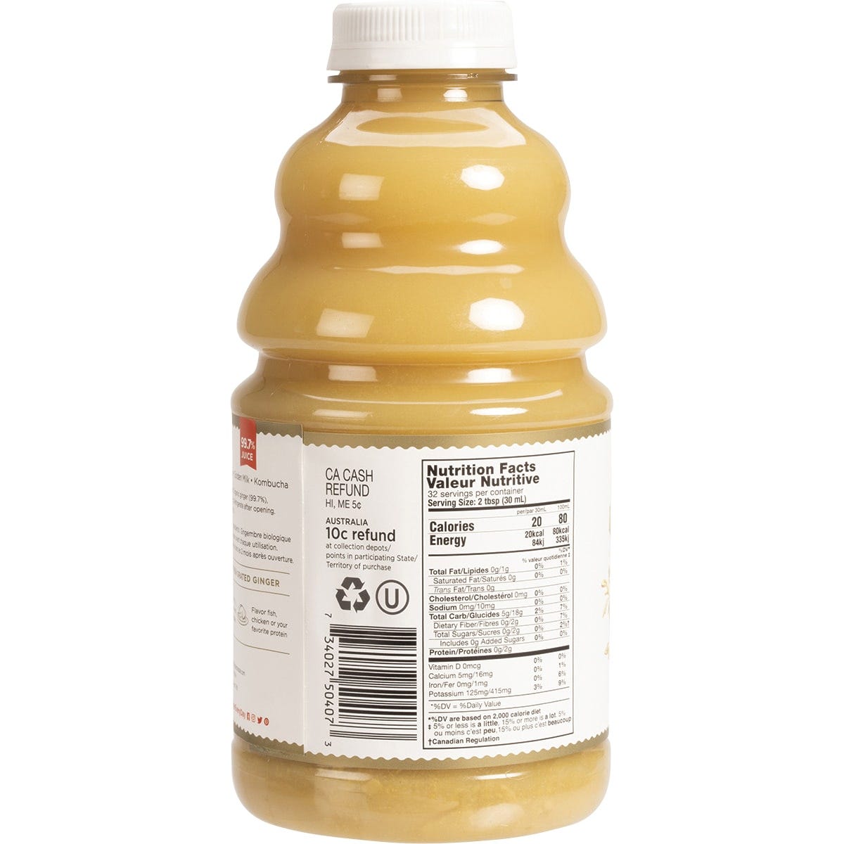 Back of 946ml The Ginger People Organic Ginger Juice bottle with nutrition facts, ingredients, and usage directions.