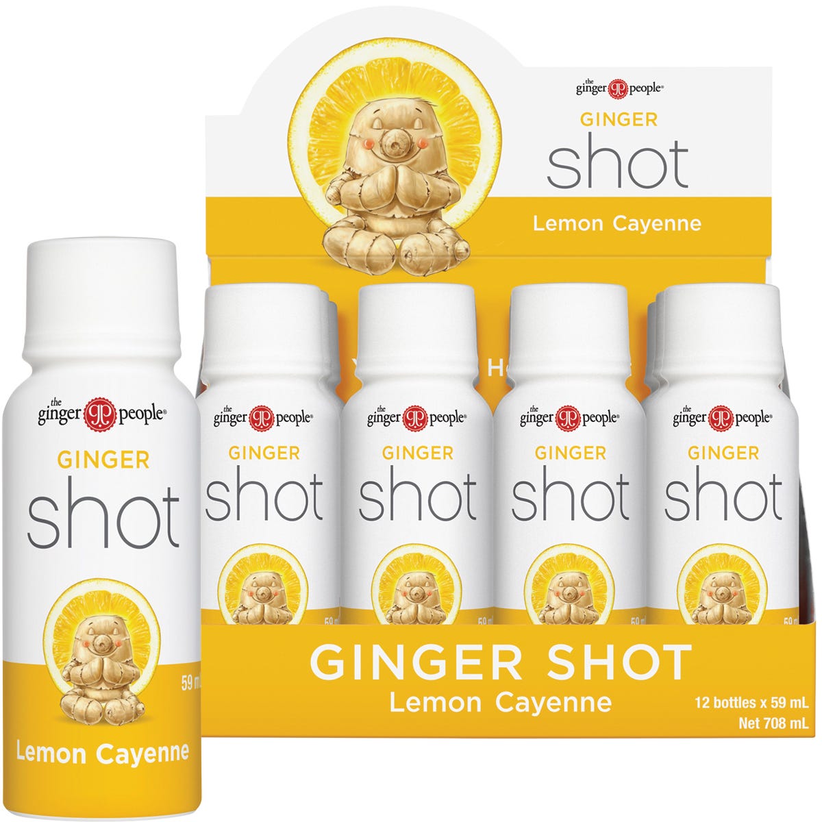 12-pack of The Ginger People Ginger Shots with lemon and cayenne in 59ml bottles on a white background.