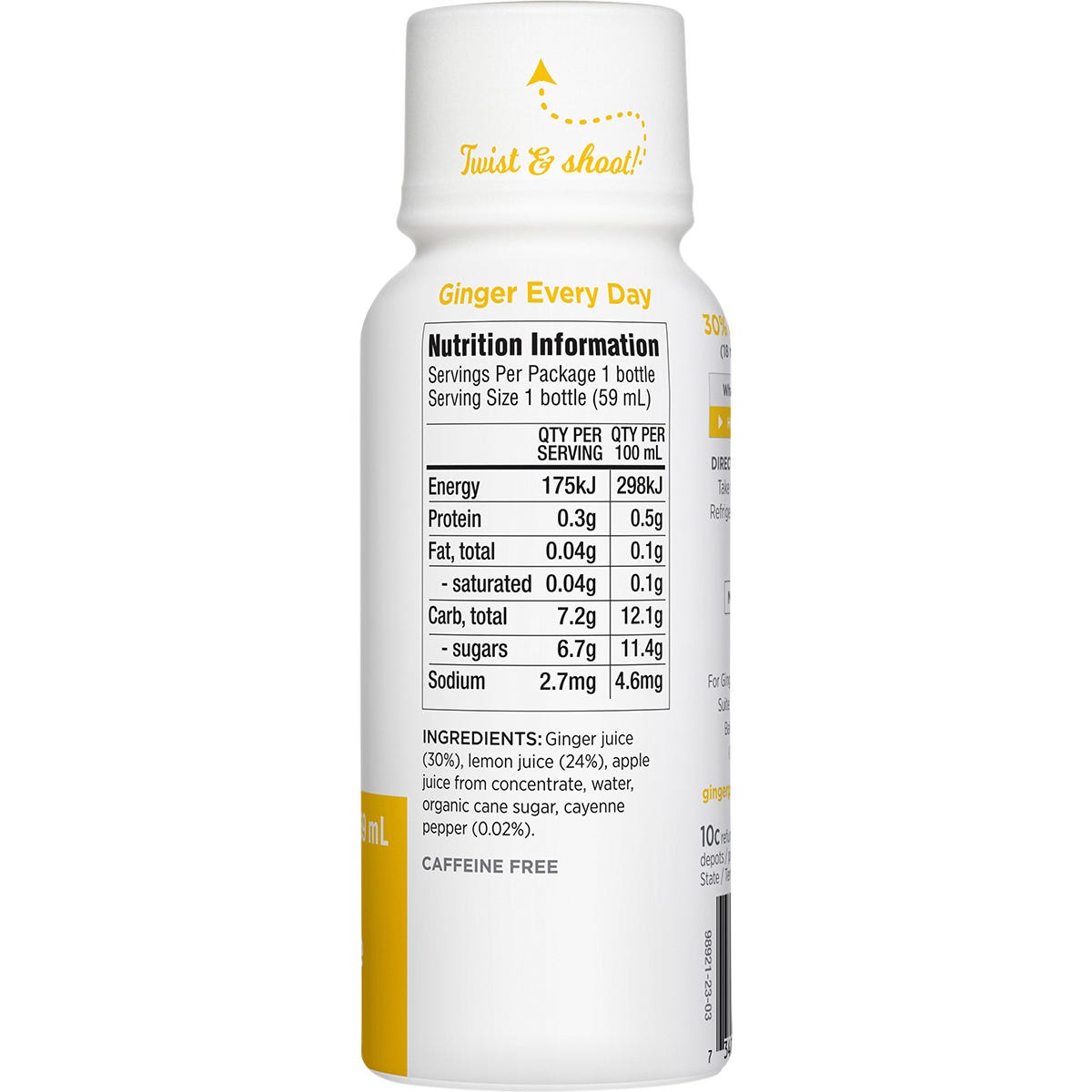 Side view of a 59ml Ginger People Lemon & Cayenne Ginger Shot bottle highlighting 30% ginger juice and dietary facts.