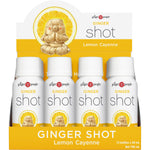 Back of a 59ml Ginger People Lemon & Cayenne Ginger Shot bottle showing nutrition facts and ingredients.