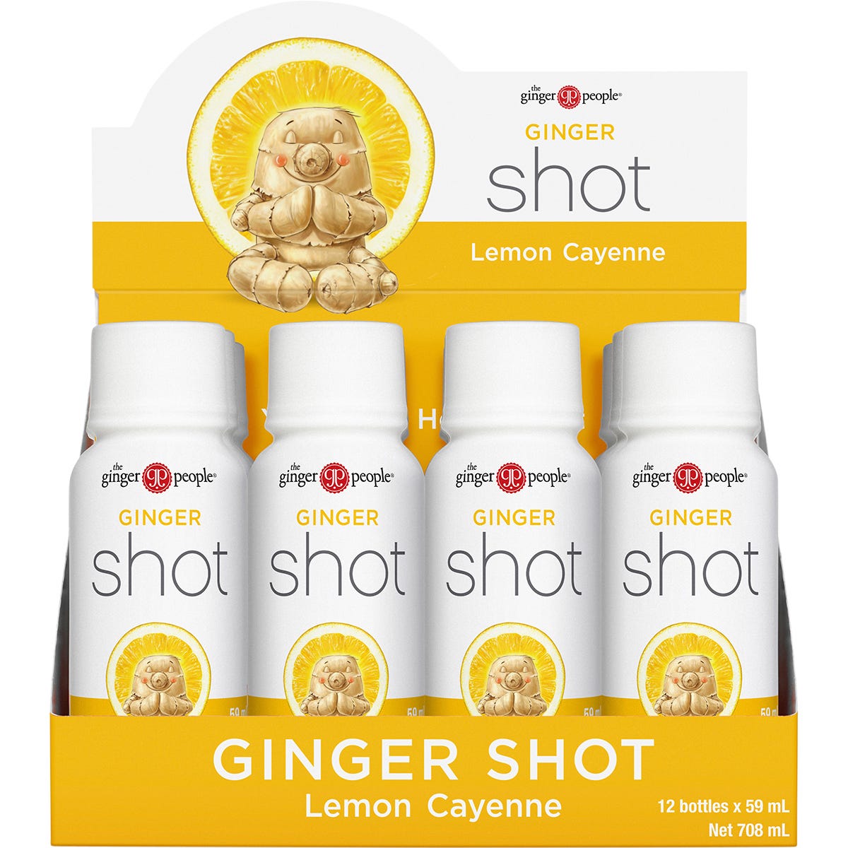 Back of a 59ml Ginger People Lemon & Cayenne Ginger Shot bottle showing nutrition facts and ingredients.