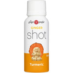 Side view of a 59ml bottle of The Ginger People Turmeric Ginger Shot with ingredients and nutrition facts visible.