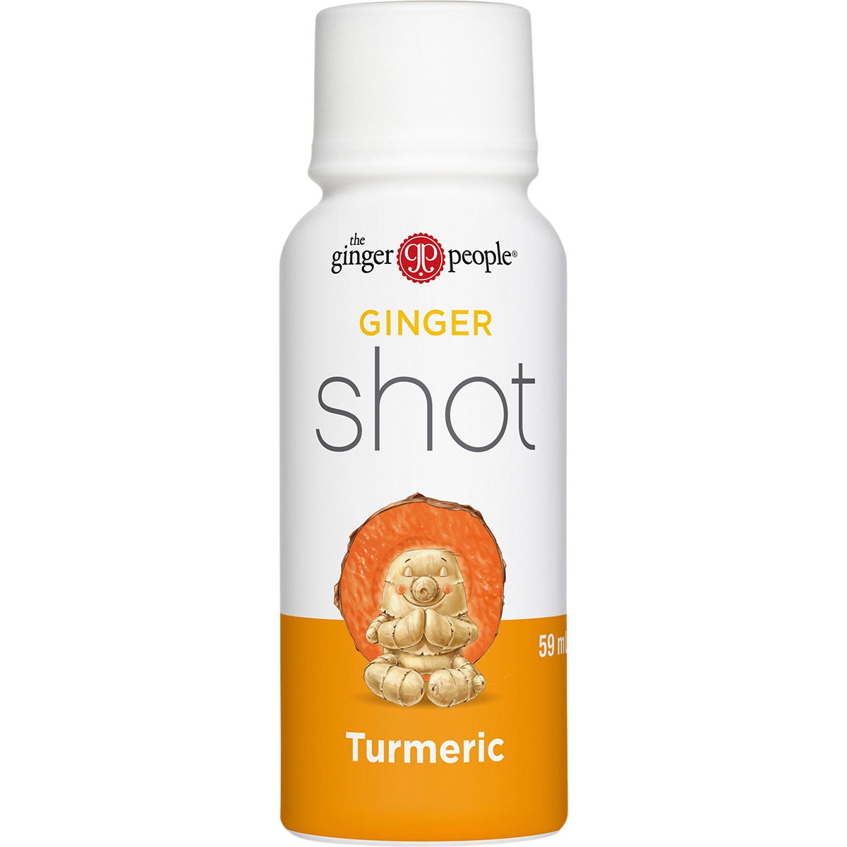 Side view of a 59ml bottle of The Ginger People Turmeric Ginger Shot with ingredients and nutrition facts visible.