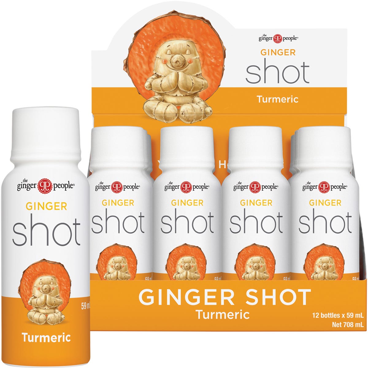 12-pack of The Ginger People Ginger Shot Turmeric 59ml bottles in a display box with fresh ginger and turmeric roots.