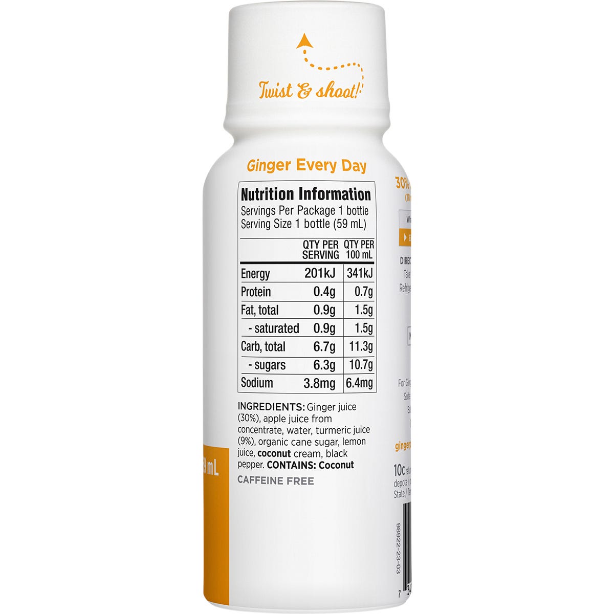 Side view of a 59ml The Ginger People Turmeric Ginger Shot bottle showing directions, warnings, and health benefits.