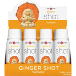 Close-up of a 59ml bottle of The Ginger People Turmeric Ginger Shot highlighting its organic and non-GMO labels.