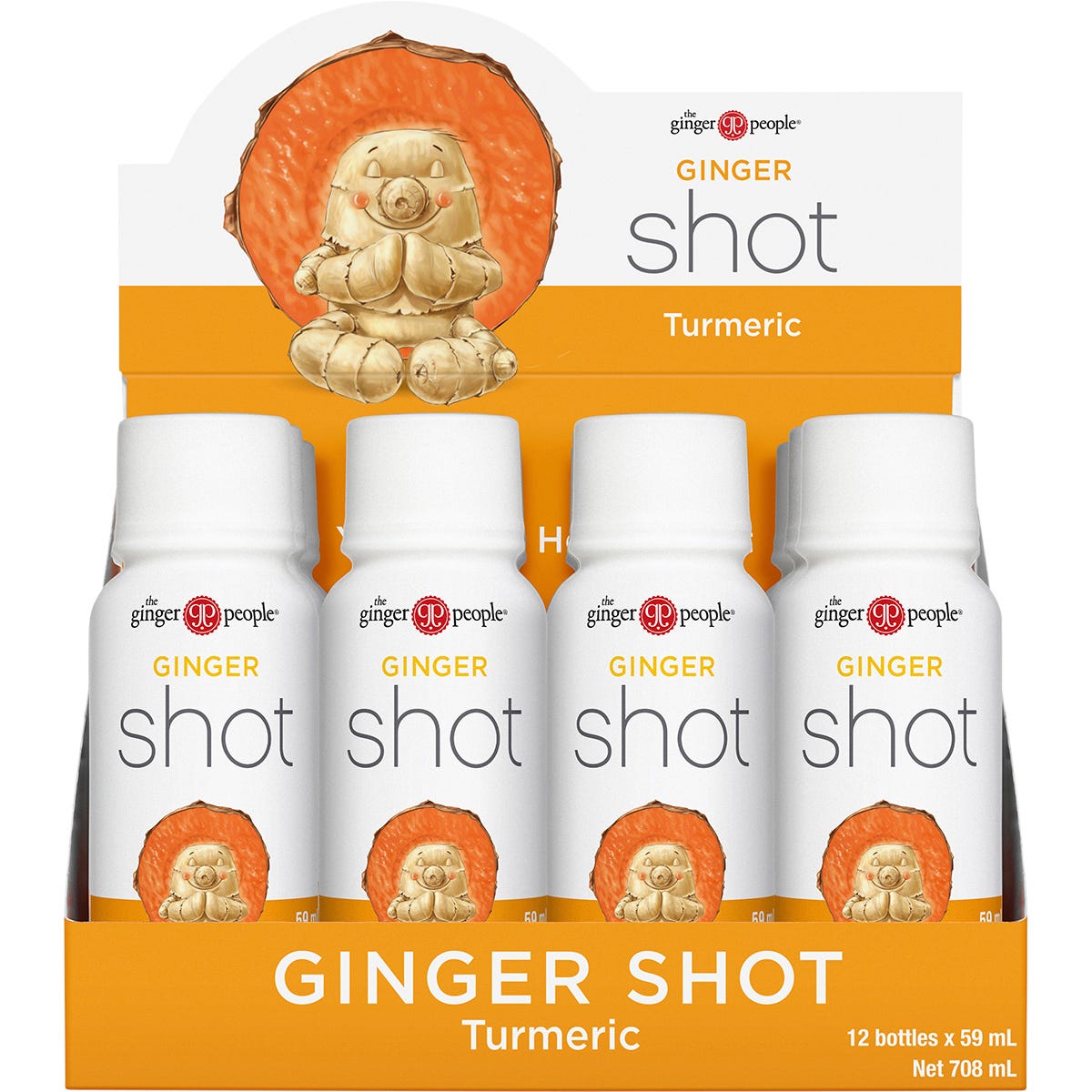 Close-up of a 59ml bottle of The Ginger People Turmeric Ginger Shot highlighting its organic and non-GMO labels.