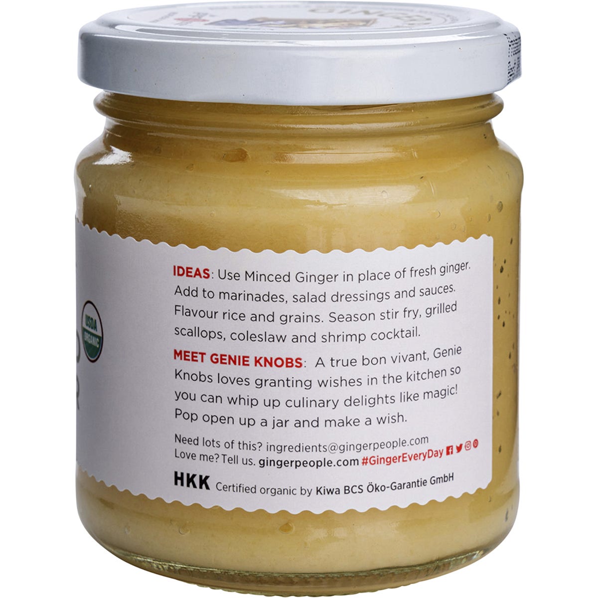 Organic 190g jar of The Ginger People Minced Ginger with a yellow label and silver lid on a white background.
