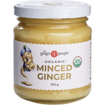 Organic 190g jar of The Ginger People Minced Ginger with a yellow and brown label on a white background.