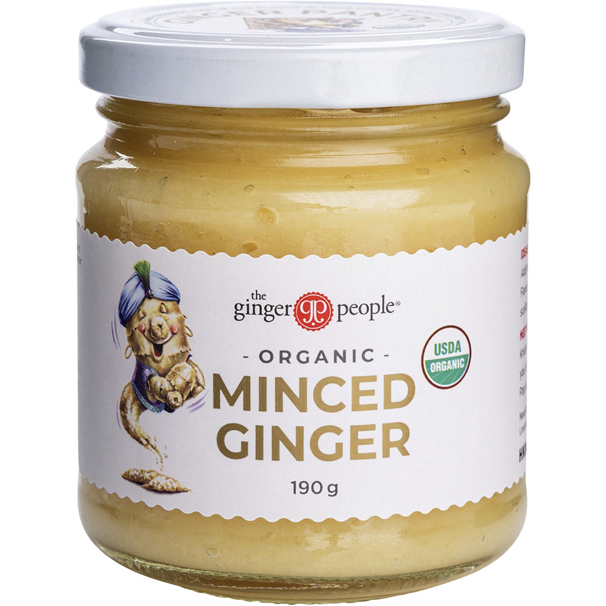 Organic 190g jar of The Ginger People Minced Ginger with a yellow and brown label on a white background.