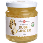 190g jar of The Ginger People Organic Sushi Ginger featuring delicate, natural ginger slices on a white background.